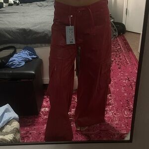 Red leather wide leg pants